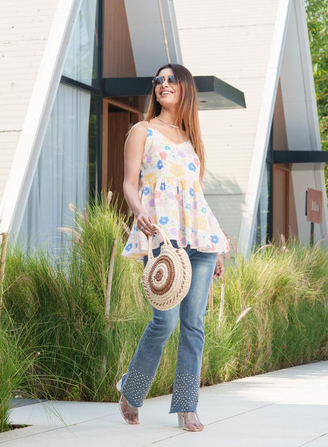 DW Floral Printed Pure Cotton Strappy Peplum Top - Image 5