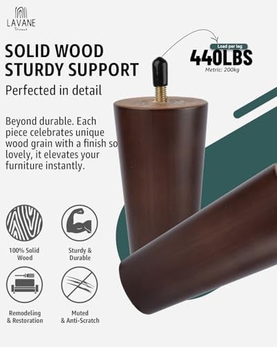 La Vane 6 inch Solid Wood Furniture Legs (15cm) - Walnut Finish Tapered Replacement Feet with 5/16 inch Thread & Mounting Plates - Set of 4 for Sofa, Couch, Cabinet, Ottoman - Image 3
