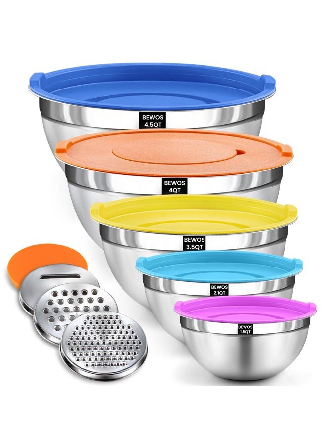 BEWOS Mixing Bowls with Airtight Lids Set - 5 Pcs Stainless Steel Mixing Bowls With 3 Grater Attachments, Size 4.5, 4, 3.5, 2.1, 1.5QT Metal Bowls for Baking and Serving (Colored) - Image 1