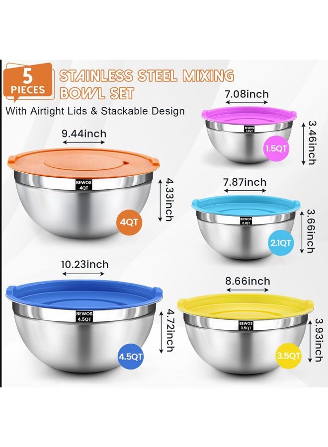 BEWOS Mixing Bowls with Airtight Lids Set - 5 Pcs Stainless Steel Mixing Bowls With 3 Grater Attachments, Size 4.5, 4, 3.5, 2.1, 1.5QT Metal Bowls for Baking and Serving (Colored) - Image 2