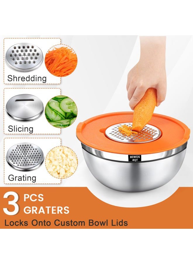 BEWOS Mixing Bowls with Airtight Lids Set - 5 Pcs Stainless Steel Mixing Bowls With 3 Grater Attachments, Size 4.5, 4, 3.5, 2.1, 1.5QT Metal Bowls for Baking and Serving (Colored) - Image 3