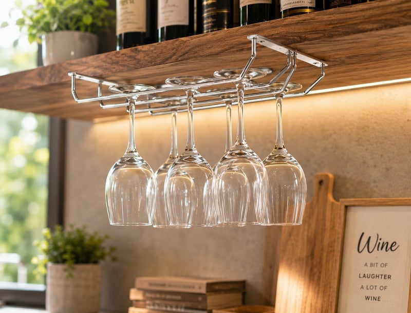 Dunekart Stainless Steel Wine Glass Rack Holder – Under Cabinet Stemware Hanger, Stainless Steel Mount for Kitchen & Bar, Silver - Image 1