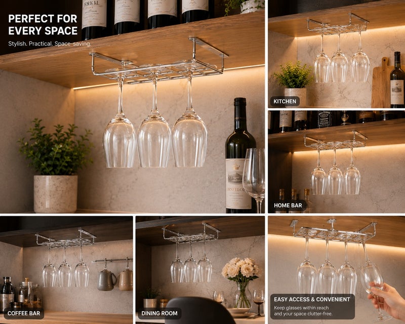 Dunekart Stainless Steel Wine Glass Rack Holder – Under Cabinet Stemware Hanger, Stainless Steel Mount for Kitchen & Bar, Silver - Image 5