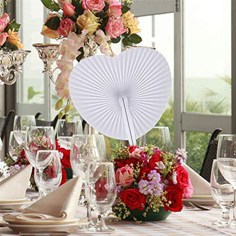 Bestage 100 Pieces Paper Fans White Bulk Folding Foldable Hand Handheld Fans Wedding Decorations Heart Shaped Accordion Fans with Plastic Fan Handles for Wedding Birthday Guest Party Favors DIY - Image 5