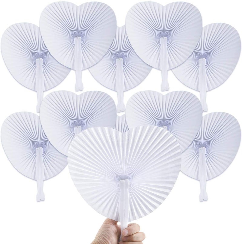 Bestage 100 Pieces Paper Fans White Bulk Folding Foldable Hand Handheld Fans Wedding Decorations Heart Shaped Accordion Fans with Plastic Fan Handles for Wedding Birthday Guest Party Favors DIY - Image 1