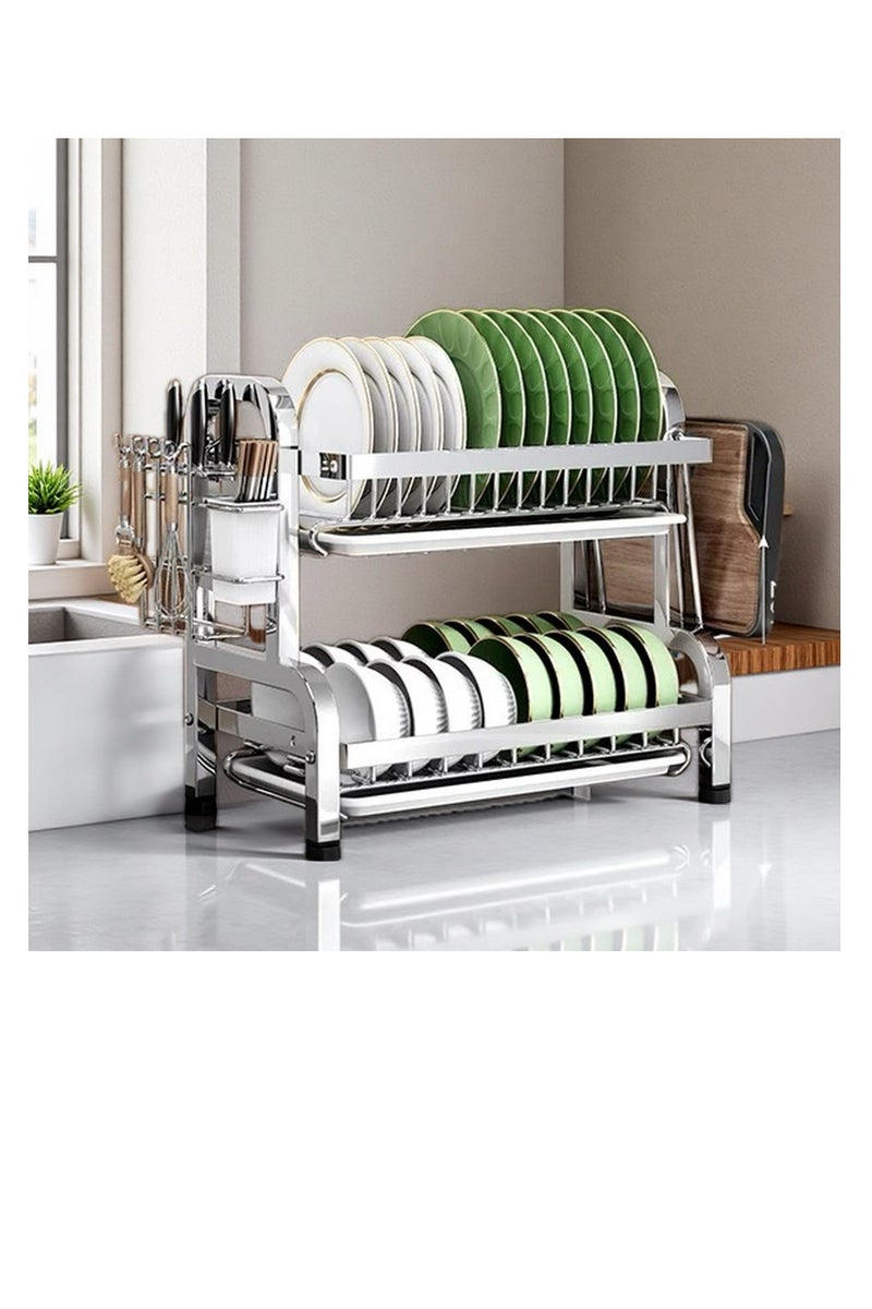 2 طبقة صحون تجفيف رف فوق المغسلة, كبيرة القدرة صحون الصرف مع نظام الصرف الصحي وصنية التقطير, صحون متعددة الوظائف رف مع علبة أدوات الطعام, حاملي الكأس وحامل لوحة القطع, الفولاذ المقاوم للصدأ,سهل تنظيف مطبخ كونتروب منظم - Image 1