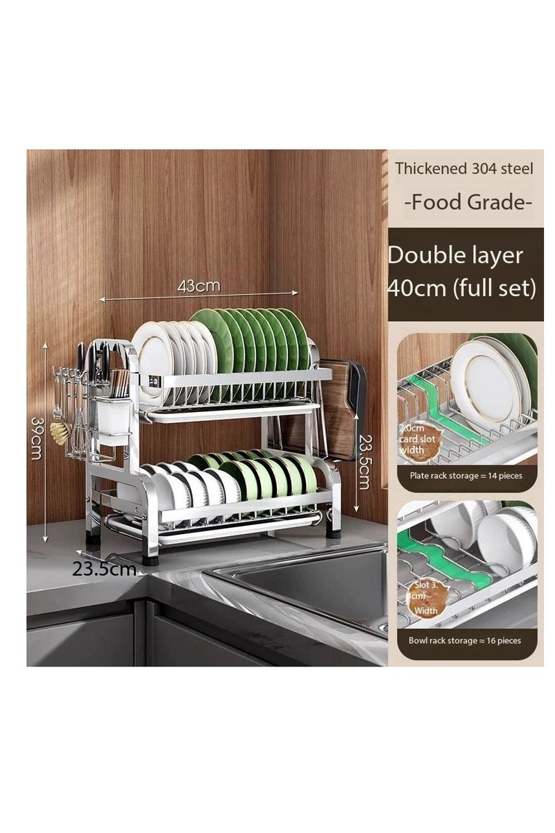 2 طبقة صحون تجفيف رف فوق المغسلة, كبيرة القدرة صحون الصرف مع نظام الصرف الصحي وصنية التقطير, صحون متعددة الوظائف رف مع علبة أدوات الطعام, حاملي الكأس وحامل لوحة القطع, الفولاذ المقاوم للصدأ,سهل تنظيف مطبخ كونتروب منظم - Image 2