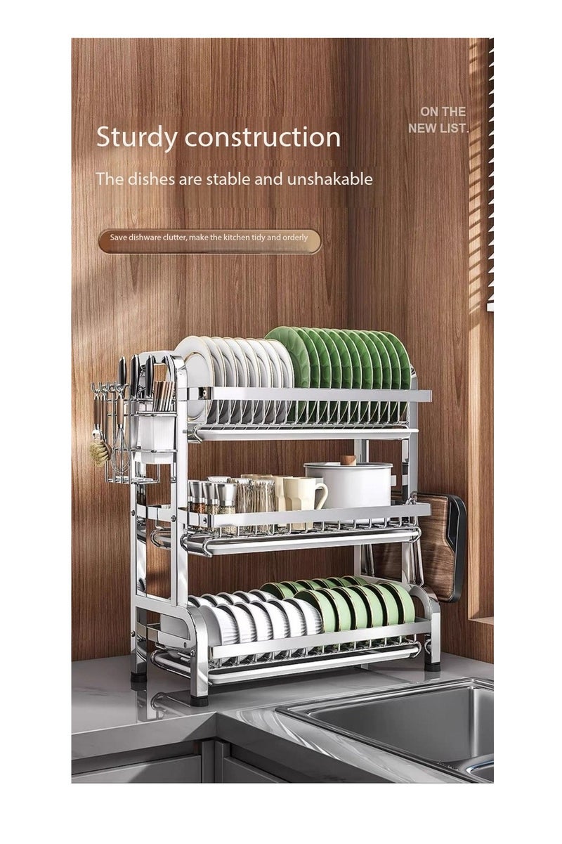2 طبقة صحون تجفيف رف فوق المغسلة, كبيرة القدرة صحون الصرف مع نظام الصرف الصحي وصنية التقطير, صحون متعددة الوظائف رف مع علبة أدوات الطعام, حاملي الكأس وحامل لوحة القطع, الفولاذ المقاوم للصدأ,سهل تنظيف مطبخ كونتروب منظم - Image 3