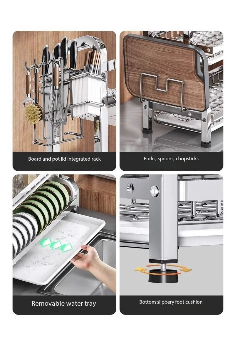 2 طبقة صحون تجفيف رف فوق المغسلة, كبيرة القدرة صحون الصرف مع نظام الصرف الصحي وصنية التقطير, صحون متعددة الوظائف رف مع علبة أدوات الطعام, حاملي الكأس وحامل لوحة القطع, الفولاذ المقاوم للصدأ,سهل تنظيف مطبخ كونتروب منظم - Image 4