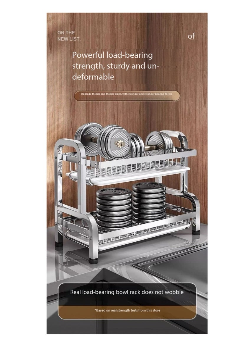 2 طبقة صحون تجفيف رف فوق المغسلة, كبيرة القدرة صحون الصرف مع نظام الصرف الصحي وصنية التقطير, صحون متعددة الوظائف رف مع علبة أدوات الطعام, حاملي الكأس وحامل لوحة القطع, الفولاذ المقاوم للصدأ,سهل تنظيف مطبخ كونتروب منظم - Image 5