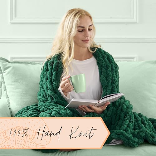 Adyrescia Chunky Knit Blanket Throw | 100% Hand Knit with Jumbo Chenille Yarn (50"x60", Forest Green) - Image 3