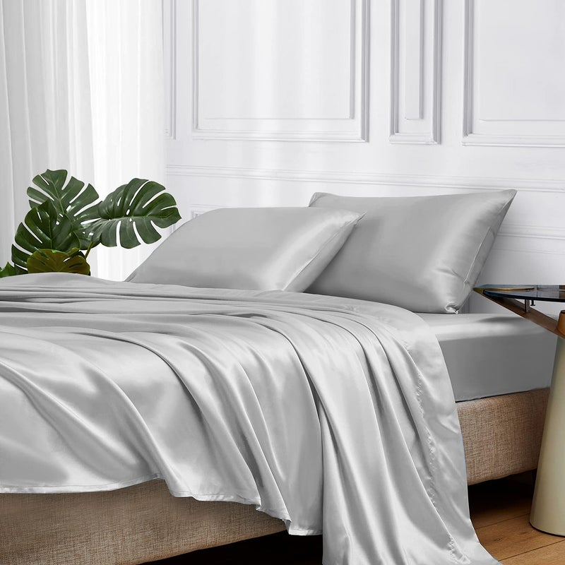 MRHM Satin Bed Sheets King Size Sheets Set 4 Pcs Silky Bedding Set with 15 Inches Deep Pocket for Mattress King Silver Grey