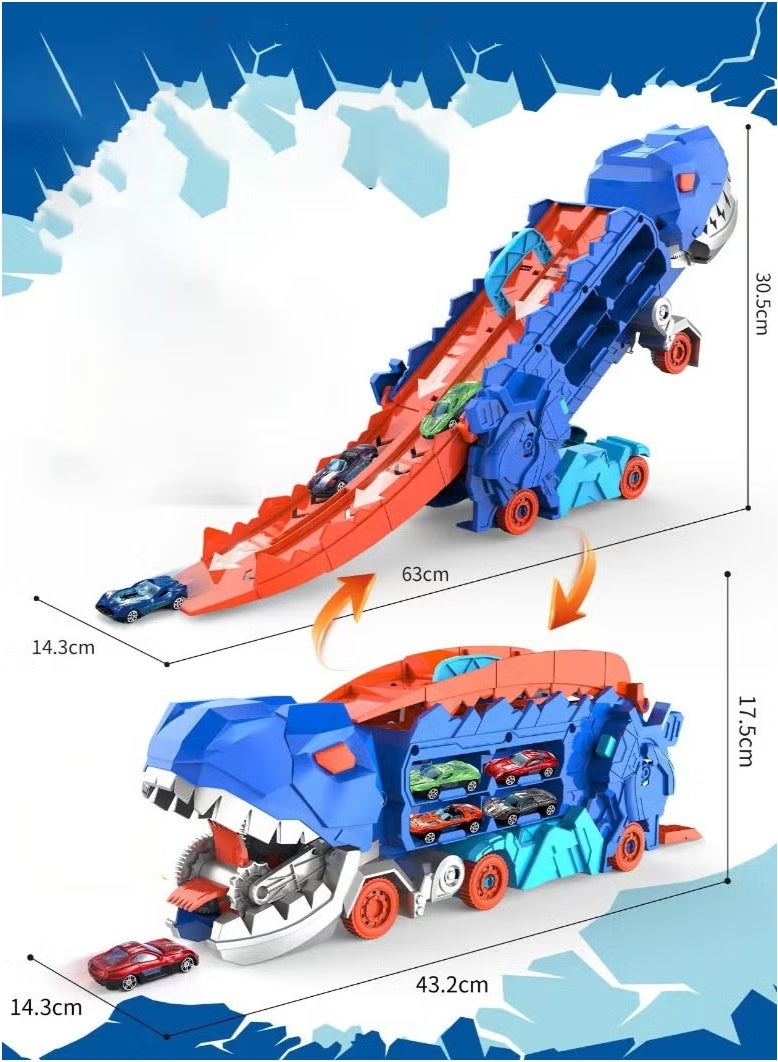 MLADEN Dinosaur Truck Toys, Dinosaur Transporter Car Carrier with Foldable Sliding Track,Dinosaur Transport Truck with 4 Metal Cars, City Dinosaur Ultimate Hauler Track Toy Transforms into Dino, Toys Gifts for Age 3-7 Year & Up Boy Girls Best Gift  - Image 2