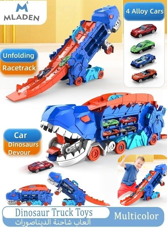 MLADEN Dinosaur Truck Toys, Dinosaur Transporter Car Carrier with Foldable Sliding Track,Dinosaur Transport Truck with 4 Metal Cars, City Dinosaur Ultimate Hauler Track Toy Transforms into Dino, Toys Gifts for Age 3-7 Year & Up Boy Girls Best Gift  - Image 1