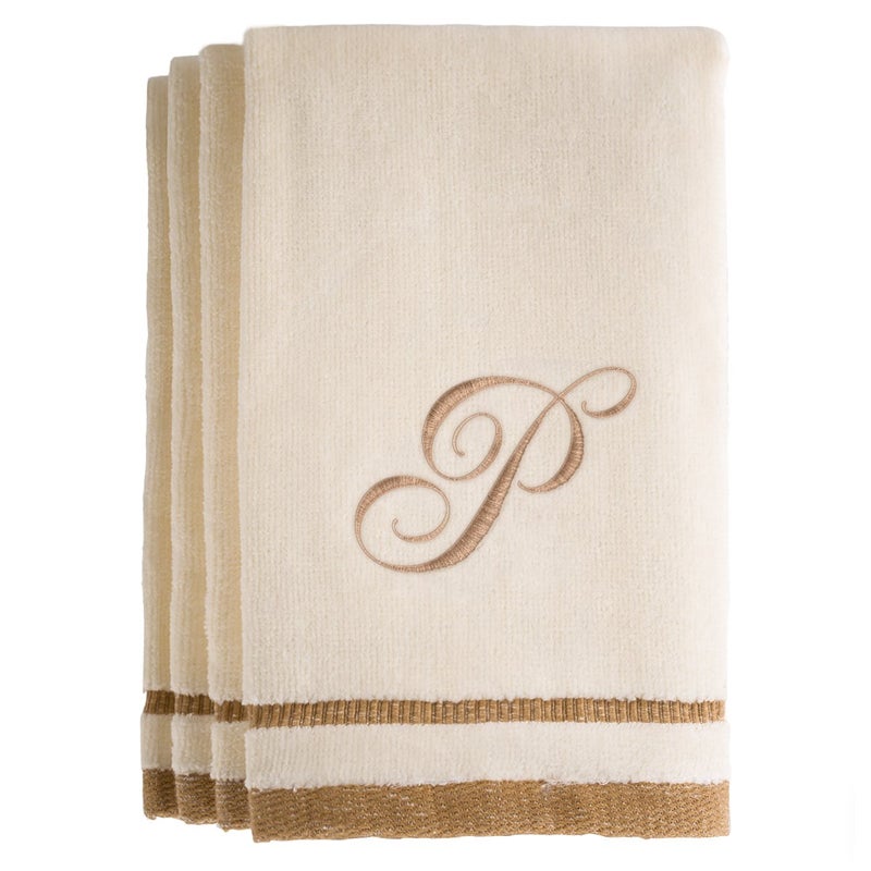 Creative Scents Monogrammed Gifts, Fingertip Towels, 11 x 18 Inches - Set of 4- Decorative Golden Brown Embroidered Towel - Extra Absorbent 100% Cotton- Personalized Gift- For Bathroom/ Kitchen- Initial P (Ivory) - Image 1