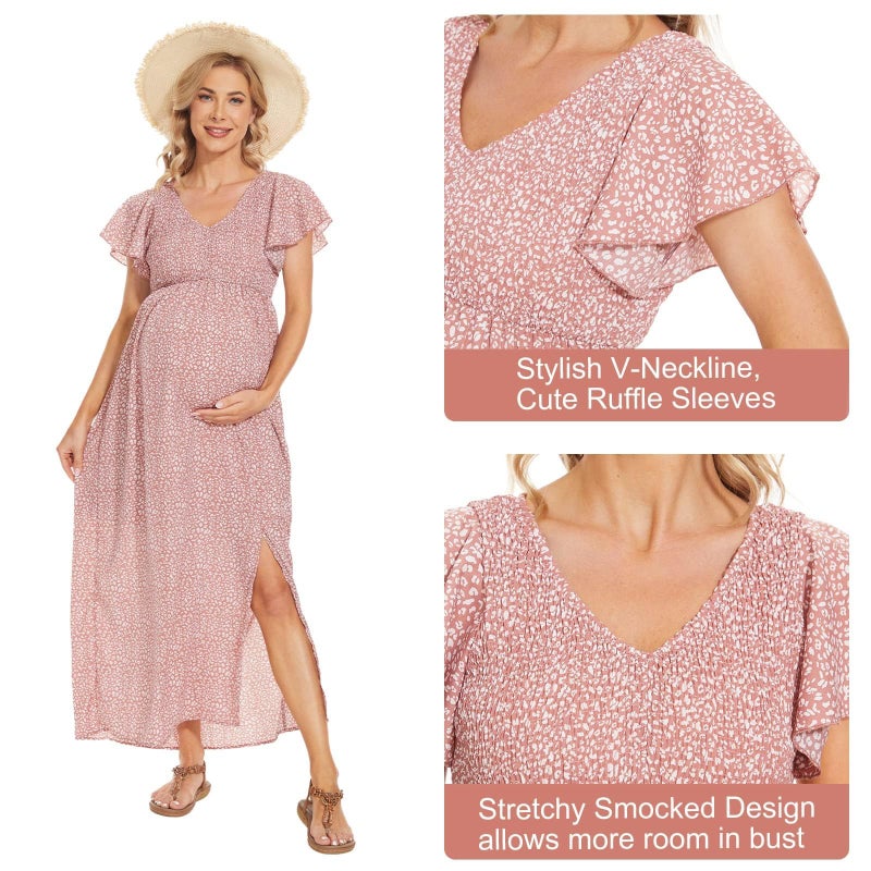 guruixu V Neck Floral Maternity Dress for Photoshoot Baby Shower, Flutter Sleeve Fall Boho Causal Smocked Pregnancy Dress Pink - Image 5