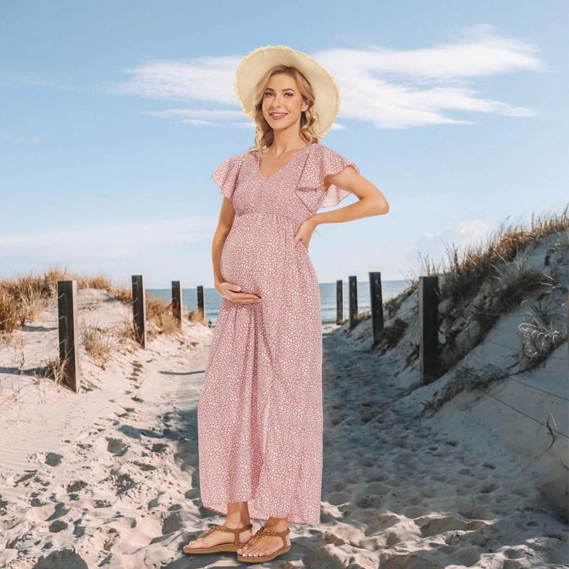 guruixu V Neck Floral Maternity Dress for Photoshoot Baby Shower, Flutter Sleeve Fall Boho Causal Smocked Pregnancy Dress Pink - Image 4