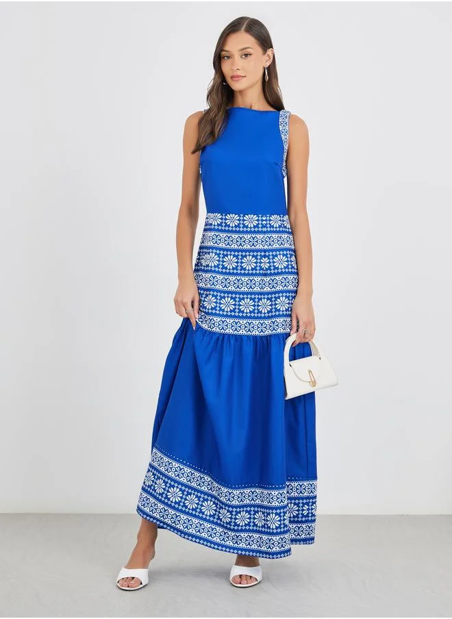 Styli Styli Aztec Digital Print Sleeveless A-Line Maxi Dress