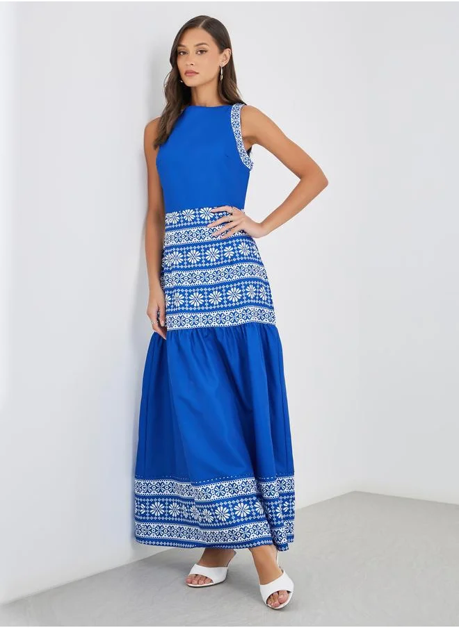 Styli Styli Aztec Digital Print Sleeveless A-Line Maxi Dress