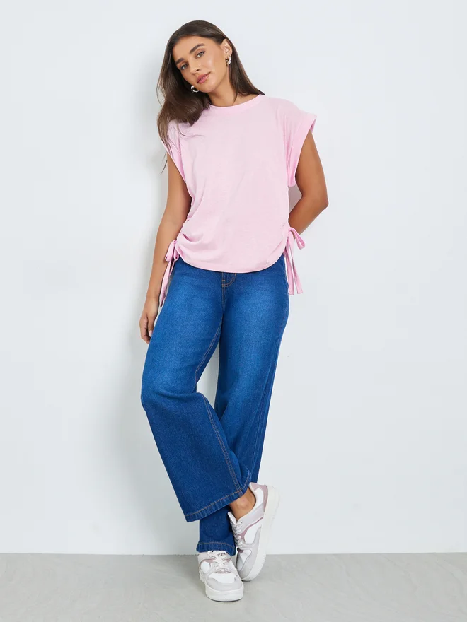 Styli Pink Ruched Side Tie T-Shirt