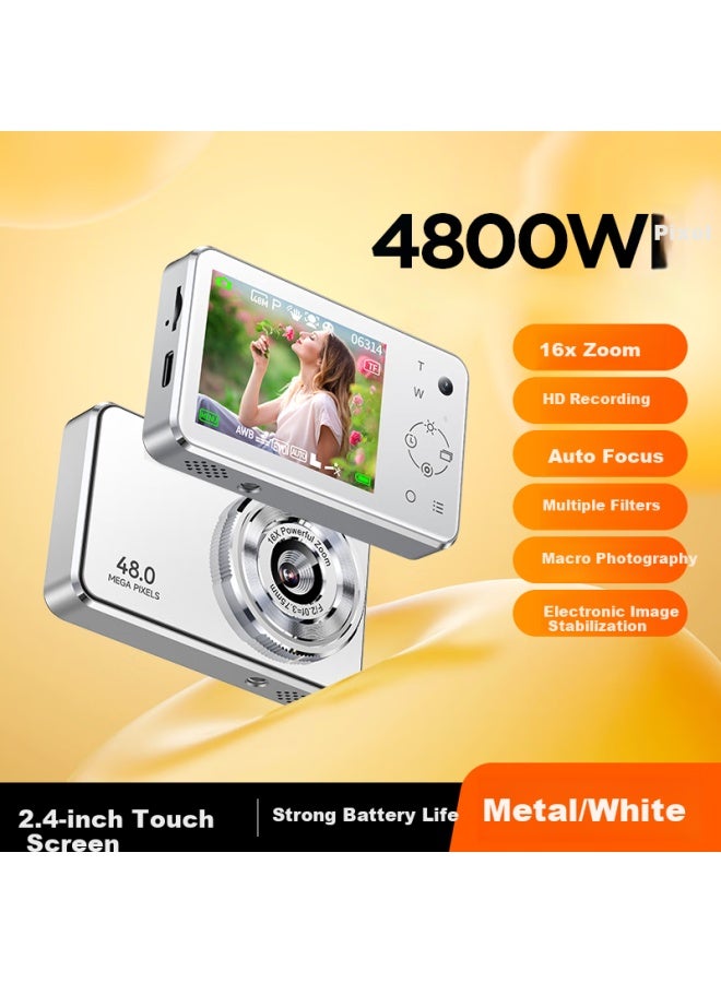 Benjie U9 Student Digital Camera With Touchscreen, Compact Camera, Metal Body, Campus High-definition Travel Alternative Ccd, 64gb White