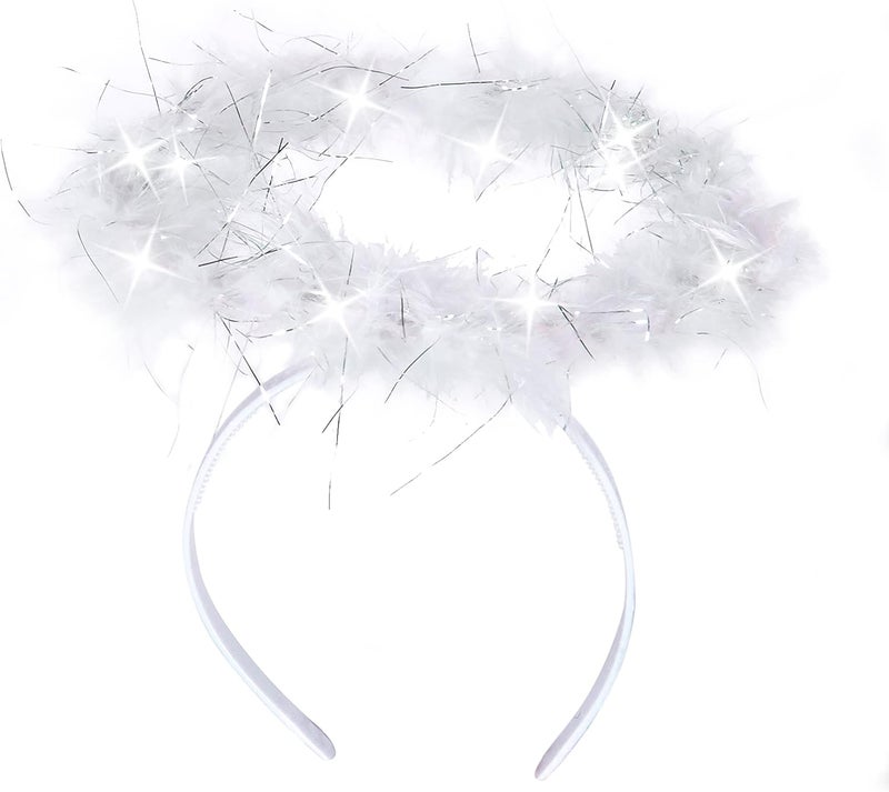 KANGAROO Angel Halo Headband for Women – Light Up Feather Headband Halo Prop with 6 White LED Lights, Fluffy White Angel Costume Accessory for Cosplay, Photo Shoot, New Year Eve & Easter Event - Image 3