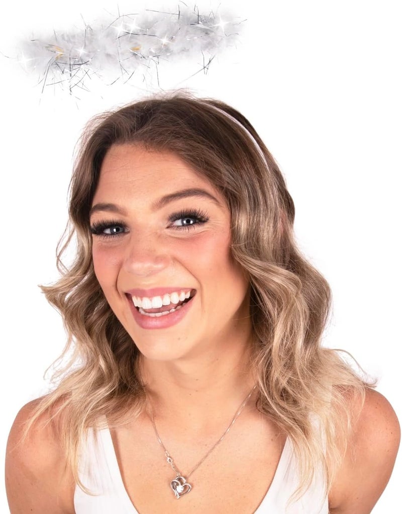 KANGAROO Angel Halo Headband for Women – Light Up Feather Headband Halo Prop with 6 White LED Lights, Fluffy White Angel Costume Accessory for Cosplay, Photo Shoot, New Year Eve & Easter Event - Image 1