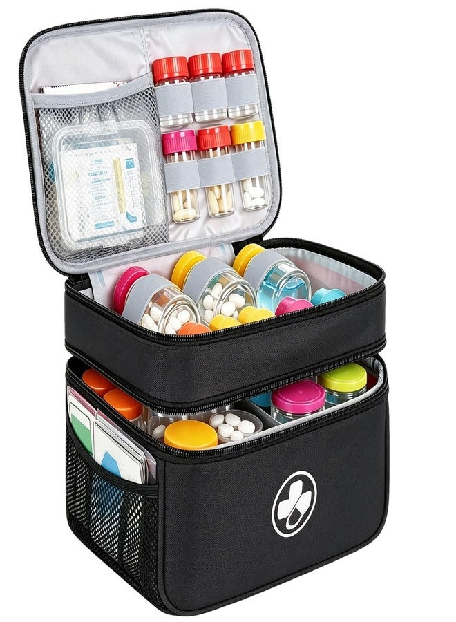 LASUK Dual Layers Medicine Organizer Bag, Pill Bottle Organizer Storage with Lockable Zipper, Lockable Medicine Travel Case for Pills, Vitamins, Medical Supplies, Black - Image 1