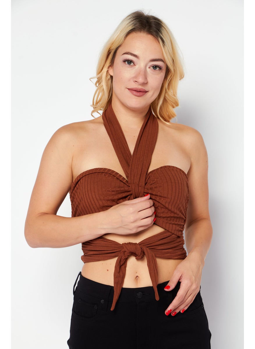 Women Halter Neck Sleeveless Textured Crop Top, Brown - pzsku/ZA1A39A489DAC00D7B7F9Z/45/_/1724351344/c892a3af-59b7-4794-834f-9ab15eeca03a