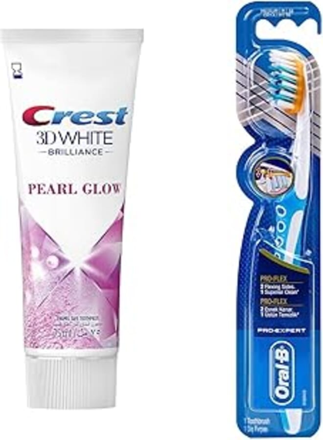 Crest 3D White Brilliance Pearl Glow Toothpaste, 75 ml With Oral-B Pro-Expert Clinic Line Pro-Flex Manual Toothbrush, MultiColor