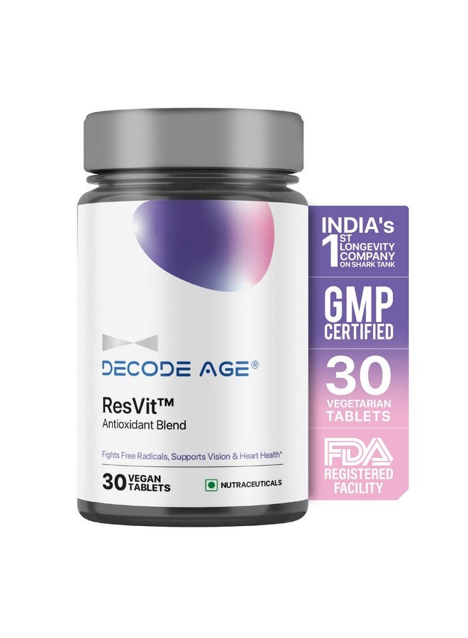 Decode Age ResVit Blend of Trans Resveratrol|Reduces Obesity,Blood Pressure,Heart Rate & Ageing|Improve Breathing flow & Memory (30 Veg Tablets), 100 grams - Image 1