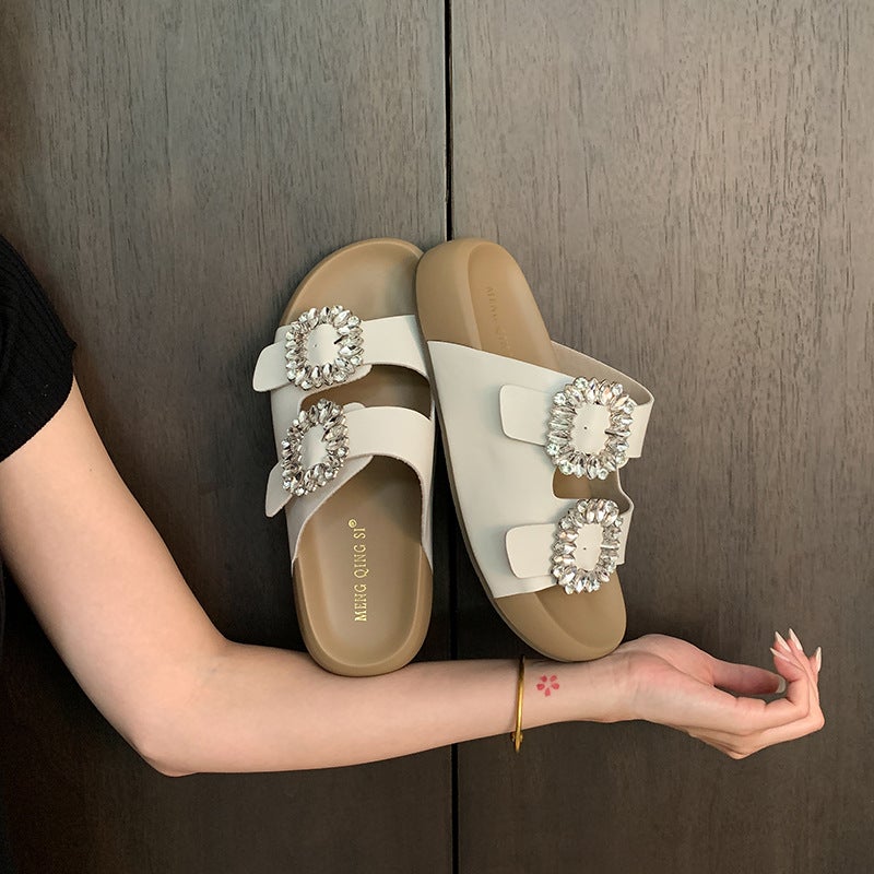 Square Buckle Rhinestone Genuine Leather Double Strap Small Thick-Soled Slippers for Women Summer Outer Wear Heightening Poop Feeling Small Size 32 Half Slippers - Image 1