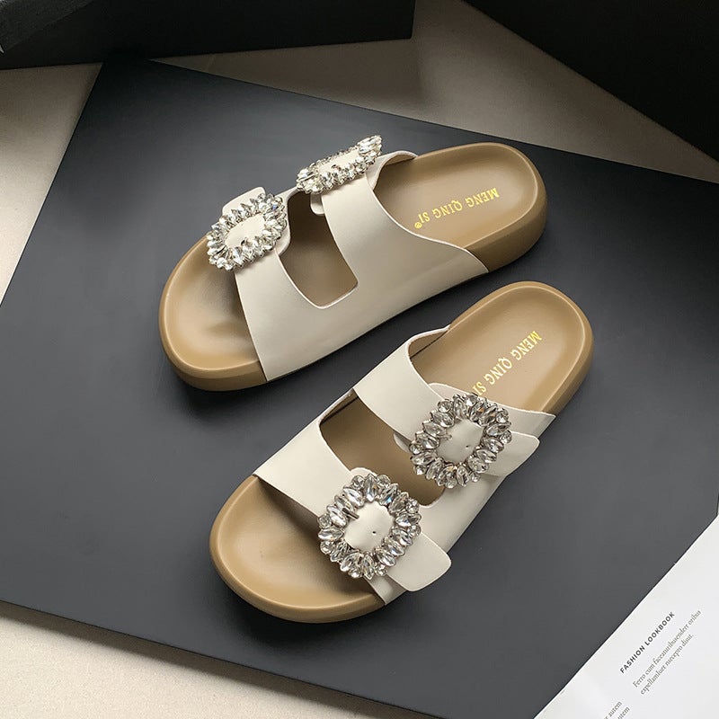 Square Buckle Rhinestone Genuine Leather Double Strap Small Thick-Soled Slippers for Women Summer Outer Wear Heightening Poop Feeling Small Size 32 Half Slippers - Image 2