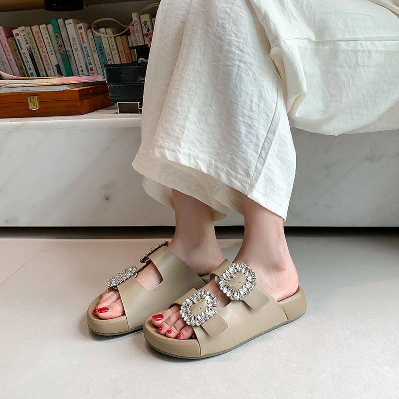 Square Buckle Rhinestone Genuine Leather Double Strap Small Thick-Soled Slippers for Women Summer Outer Wear Heightening Poop Feeling Small Size 32 Half Slippers - Image 5