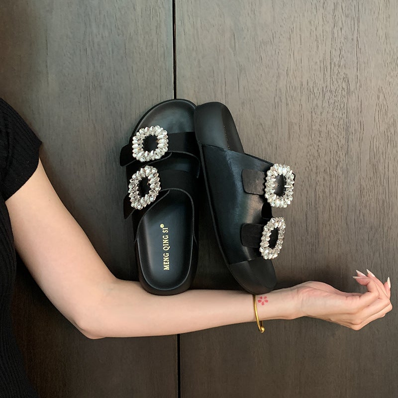 Square Buckle Rhinestone Genuine Leather Double Strap Small Thick-Soled Slippers for Women Summer Outer Wear Heightening Poop Feeling Small Size 32 Half Slippers - Image 4