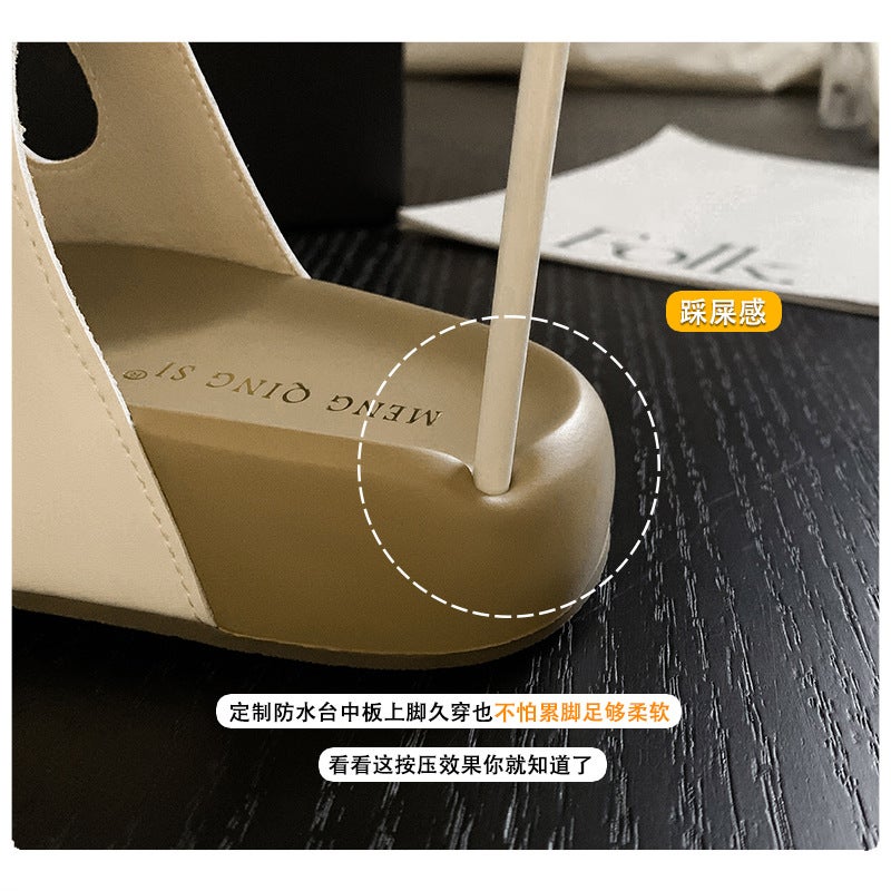Square Buckle Rhinestone Genuine Leather Double Strap Small Thick-Soled Slippers for Women Summer Outer Wear Heightening Poop Feeling Small Size 32 Half Slippers - Image 3