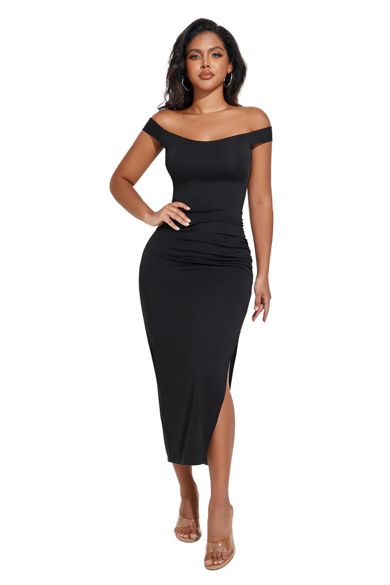 Athlemo Summer Dress for Women Sleeveless High Split Formal Cocktail Wedding Guest Party Maxi Long Bodycon Dress Black L - Image 5