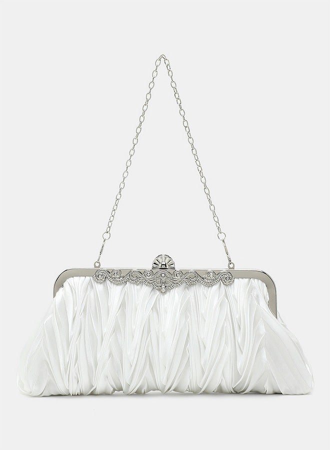 Classical Pleated Satin Wedding Bridal Clutch Handbag Metal Frame Women Party Prom Purse Rhinestone Diamond Evening Bags White - Image 2