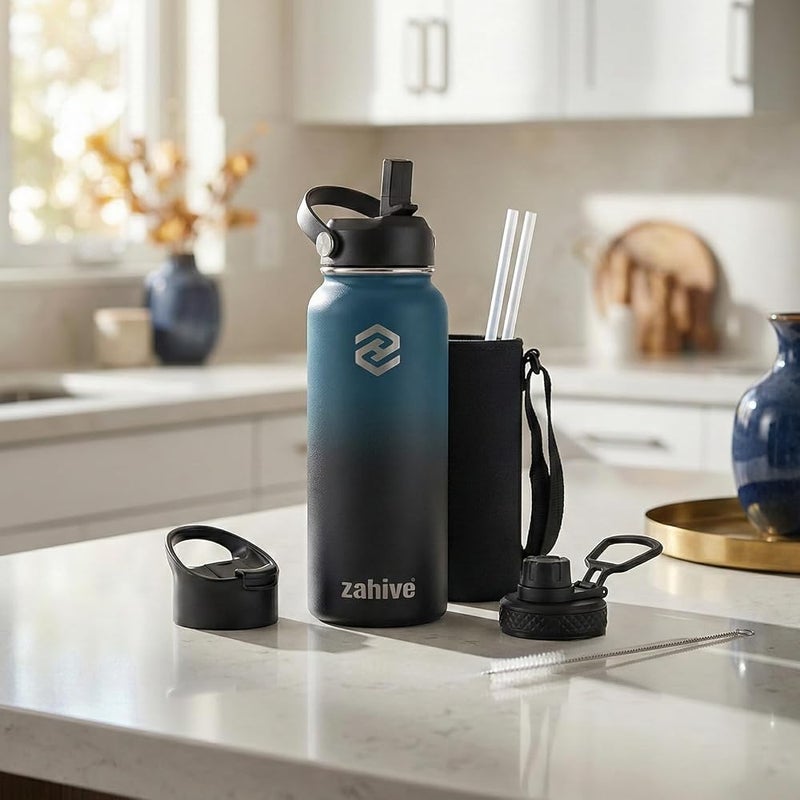 Zahive Insulated Water Bottle 1l with 3 Lids & Bag - Stainless Steel Water Bottle with Straw - 1000 ml Double Wall Flask for Gym, Travel, Hot & Cold Drinks - Leak Proof (1 Liter, Blue Black) - Image 4
