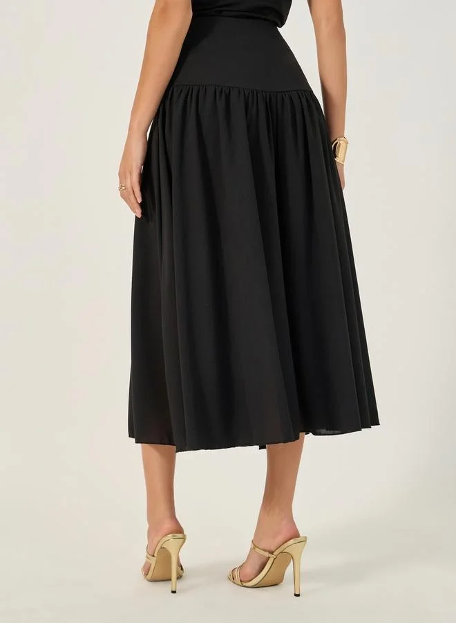 Styli Wide Waistband Plicated A-Line Midi Skirt