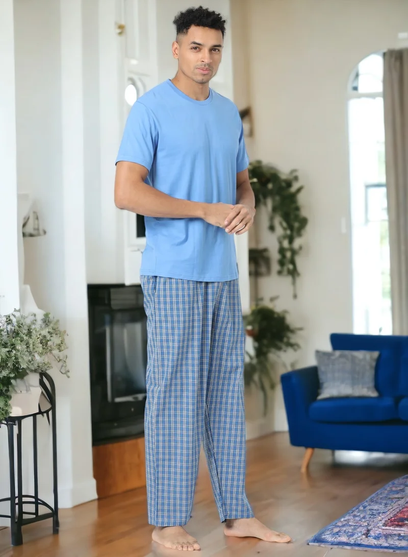 victor and jane Men's Cotton Pyjama Sets with Round Neck T-shirt in Blue and Woven long pants