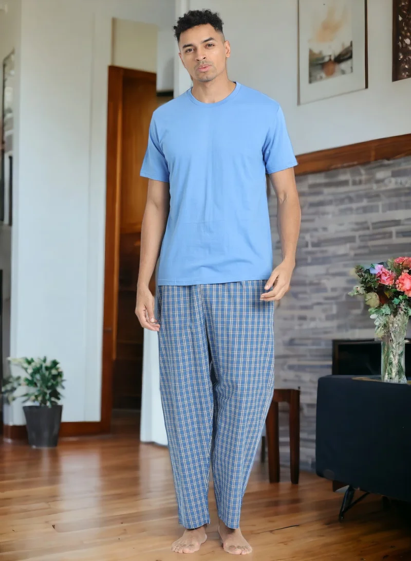 victor and jane Men's Cotton Pyjama Sets with Round Neck T-shirt in Blue and Woven long pants