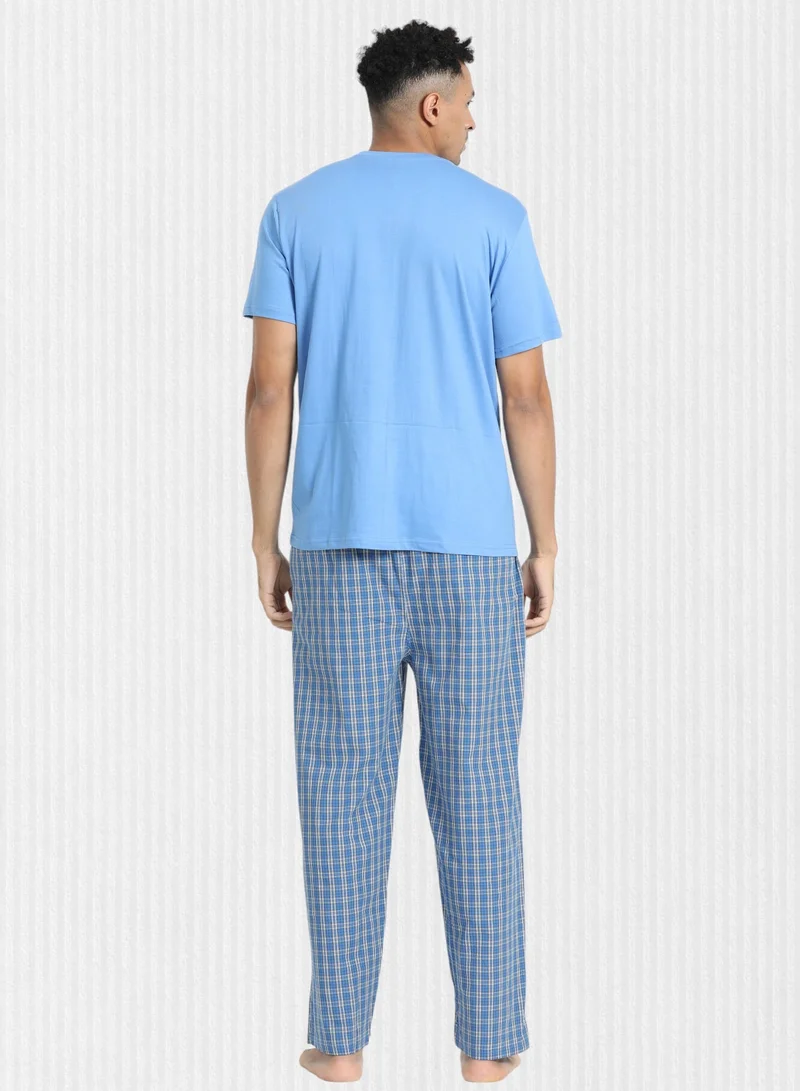 victor and jane Men's Cotton Pyjama Sets with Round Neck T-shirt in Blue and Woven long pants