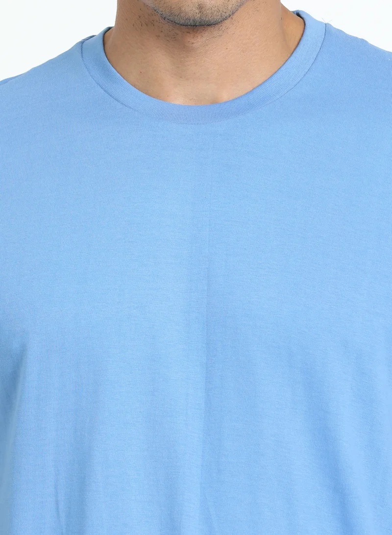 victor and jane Men's Cotton Pyjama Sets with Round Neck T-shirt in Blue and Woven long pants