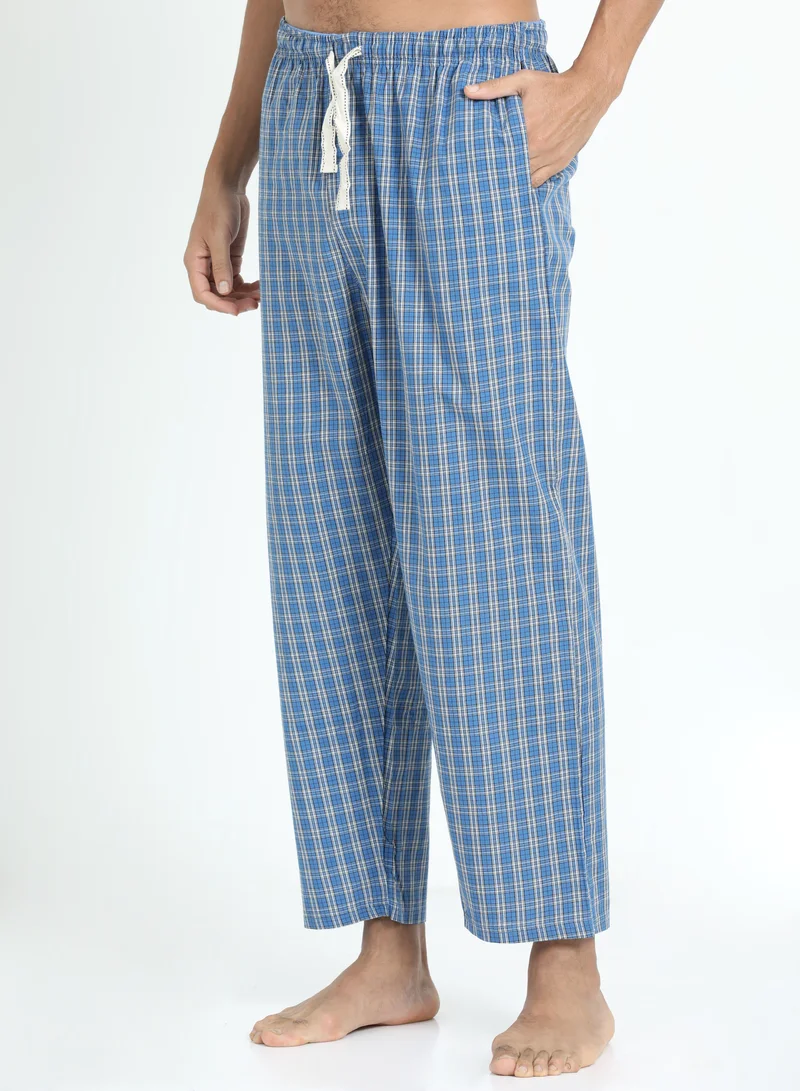 victor and jane Men's Cotton Pyjama Sets with Round Neck T-shirt in Blue and Woven long pants
