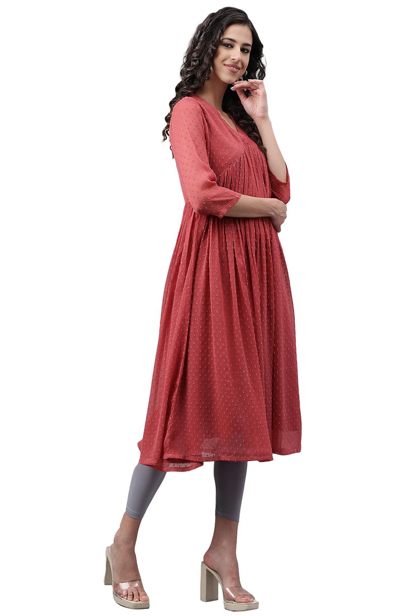 Janasya Women's Pink Dobby Chiffon Self Design Empire Kurta(JNE4157-KR-M) - Image 4