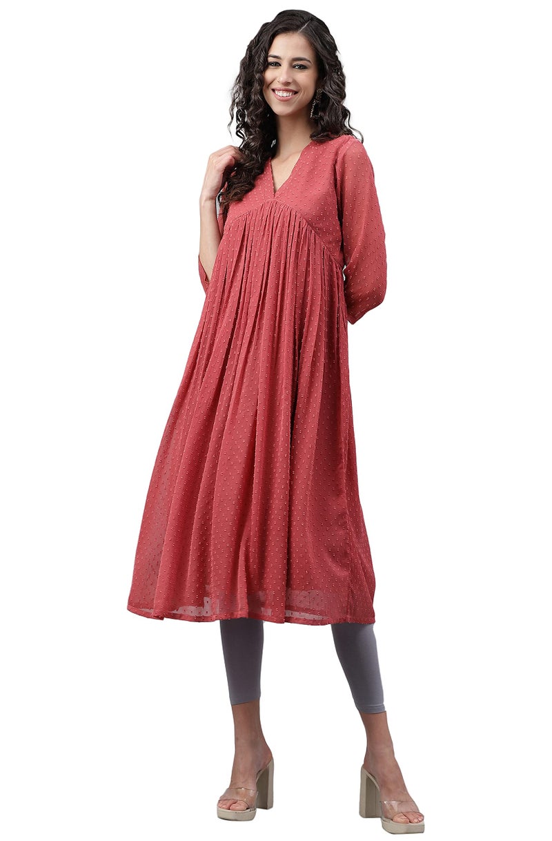 Janasya Women's Pink Dobby Chiffon Self Design Empire Kurta(JNE4157-KR-M) - Image 1