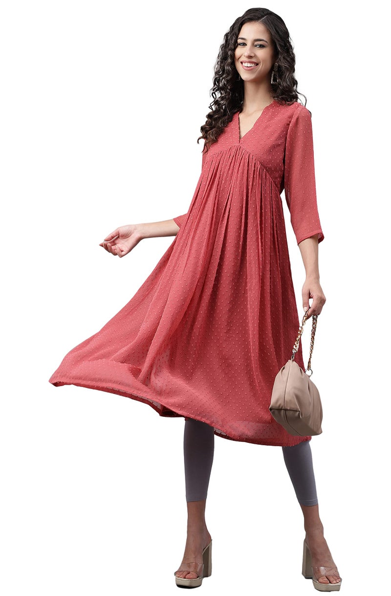 Janasya Women's Pink Dobby Chiffon Self Design Empire Kurta(JNE4157-KR-M) - Image 2