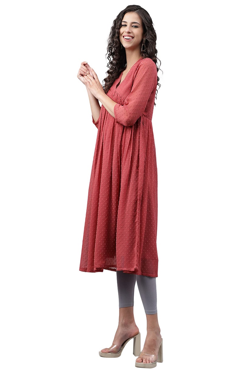 Janasya Women's Pink Dobby Chiffon Self Design Empire Kurta(JNE4157-KR-M) - Image 3