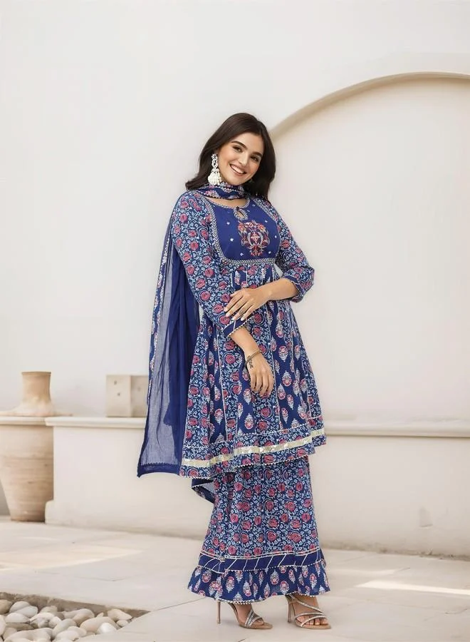 ISHIN Women's Navy 100% Cotton Embroidered Tunic Full Length Palazzo Straight Fit Kurta Set